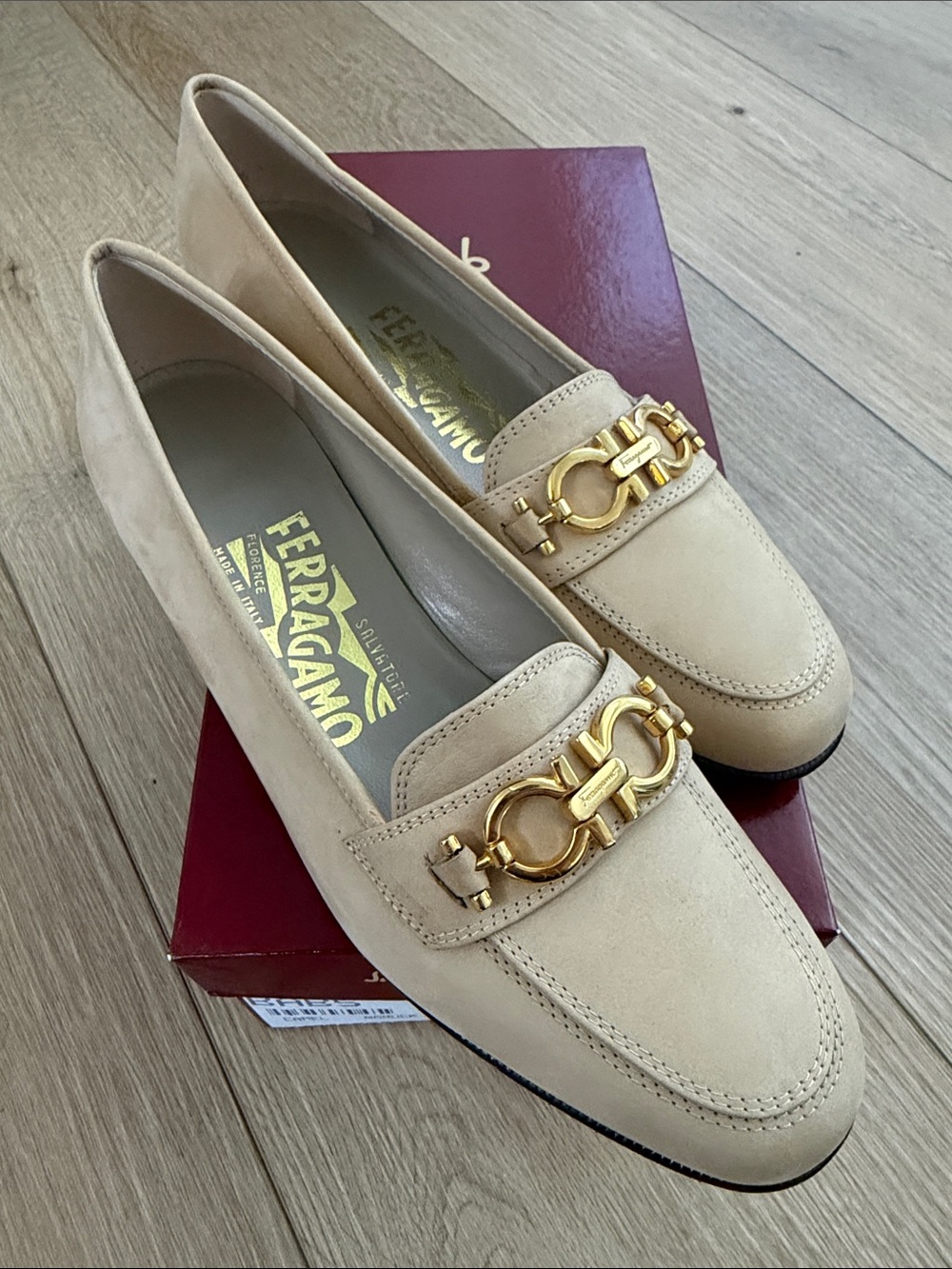 Salvatore Ferragamo Women's Beige Suede Loafers with Gold Horsebit